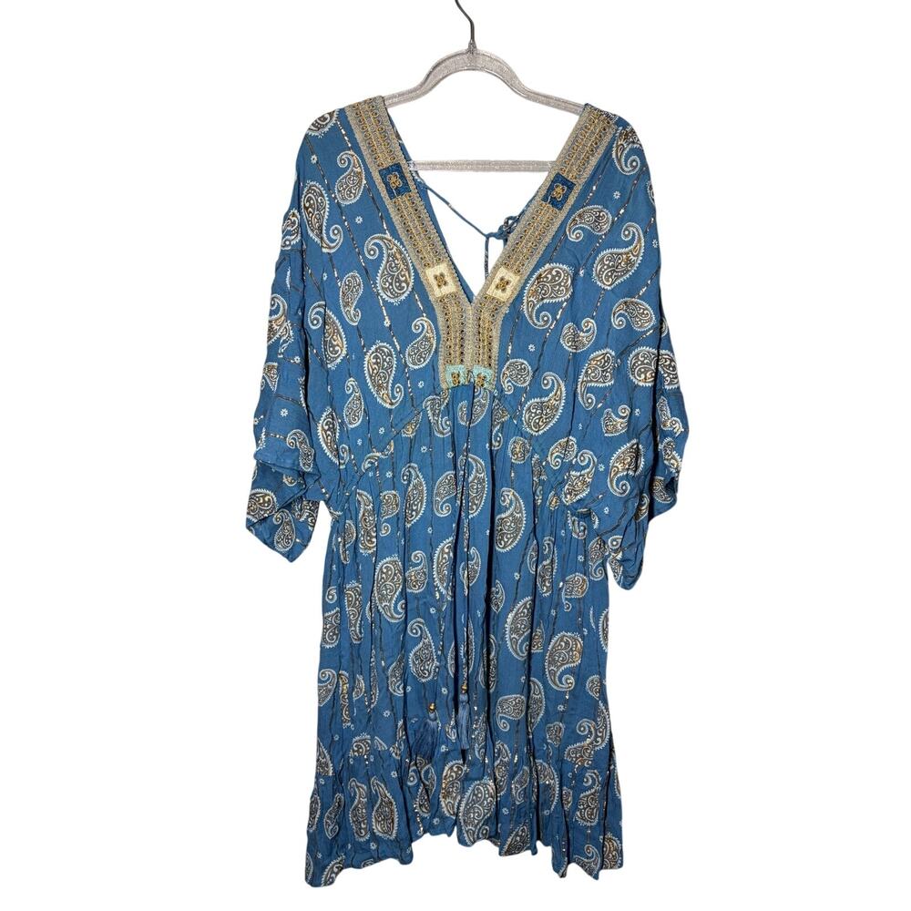 Zury Blue Boho Paisley V Neck Short Dress Free Size